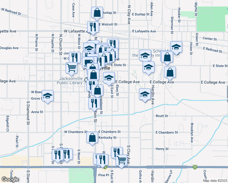 map of restaurants, bars, coffee shops, grocery stores, and more near 348 South East Street in Jacksonville