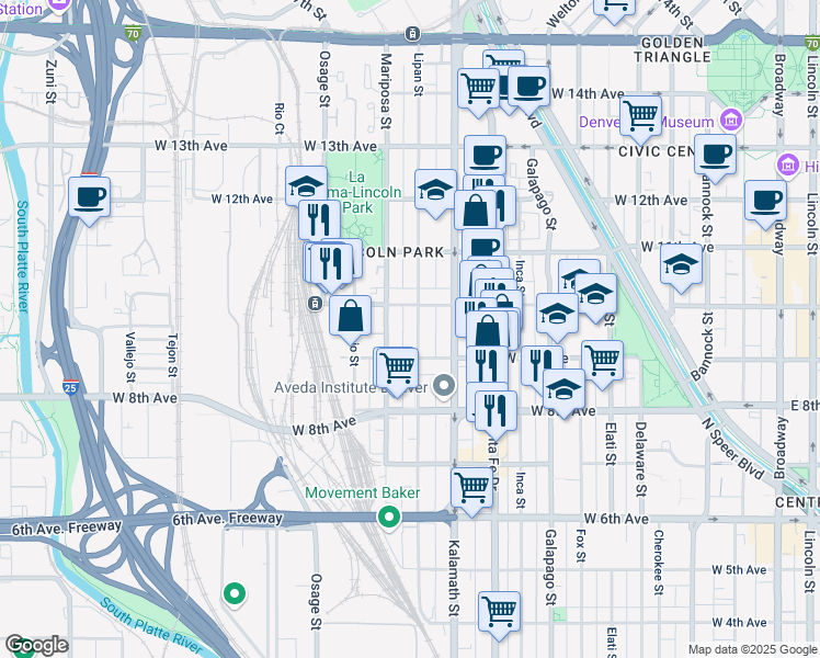map of restaurants, bars, coffee shops, grocery stores, and more near 945 Lipan Street in Denver