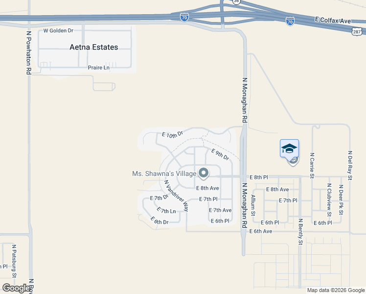 map of restaurants, bars, coffee shops, grocery stores, and more near 27606 East 10th Drive in Aurora