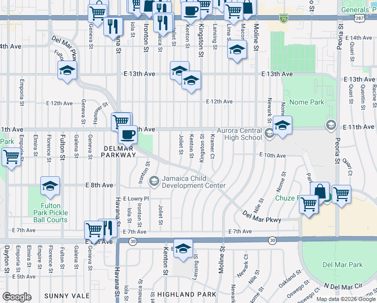 map of restaurants, bars, coffee shops, grocery stores, and more near 1050 Joliet Street in Aurora