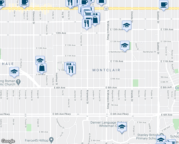 map of restaurants, bars, coffee shops, grocery stores, and more near 1006 Krameria Street in Denver