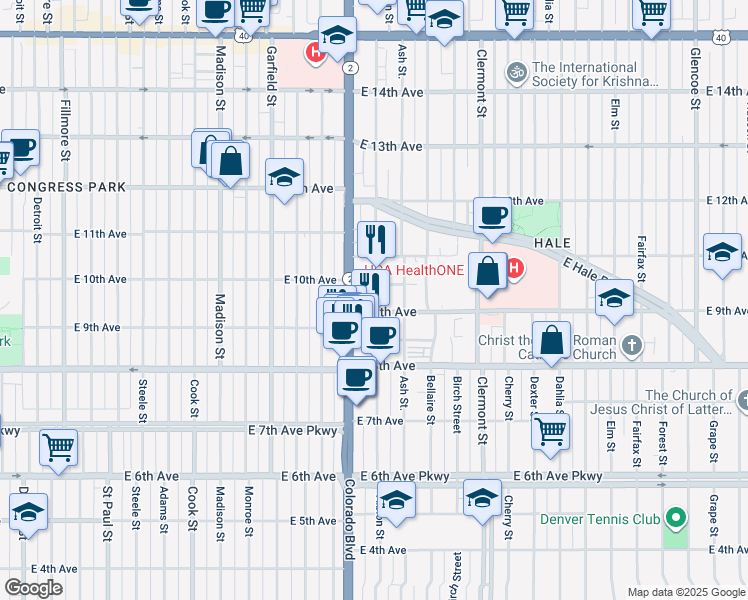map of restaurants, bars, coffee shops, grocery stores, and more near 4109 East 10th Avenue in Denver