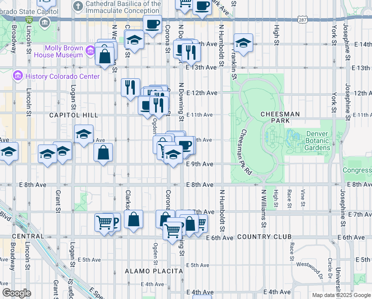 map of restaurants, bars, coffee shops, grocery stores, and more near 976 North Downing Street in Denver
