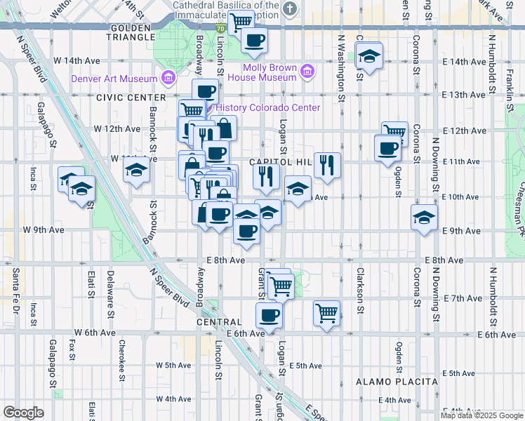 map of restaurants, bars, coffee shops, grocery stores, and more near 980 Grant Street in Denver