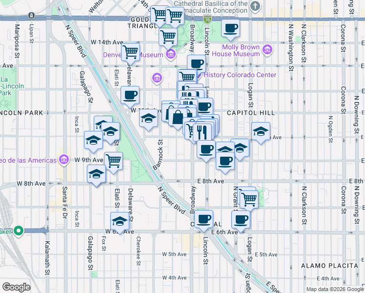 map of restaurants, bars, coffee shops, grocery stores, and more near 50 West 10th Avenue in Denver