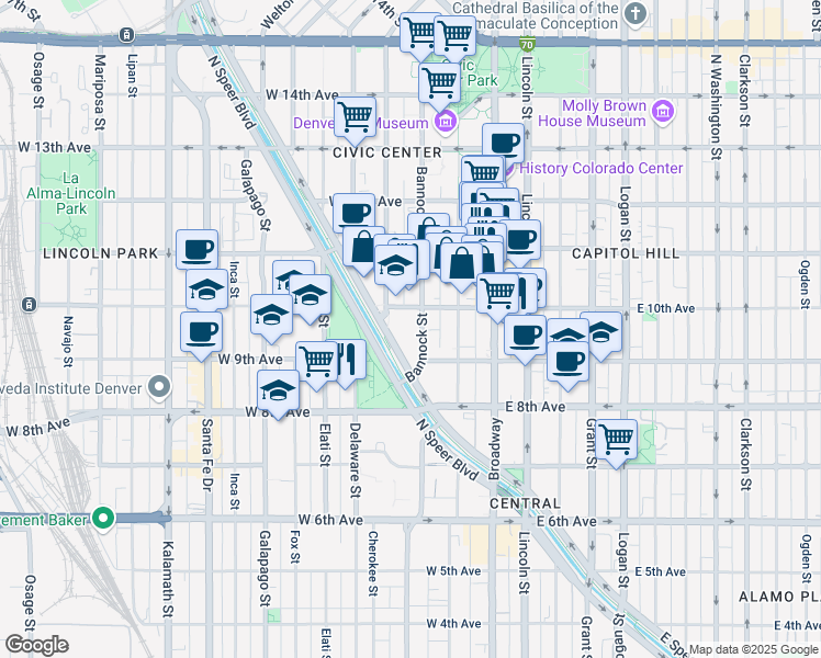 map of restaurants, bars, coffee shops, grocery stores, and more near 970 Cherokee Street in Denver
