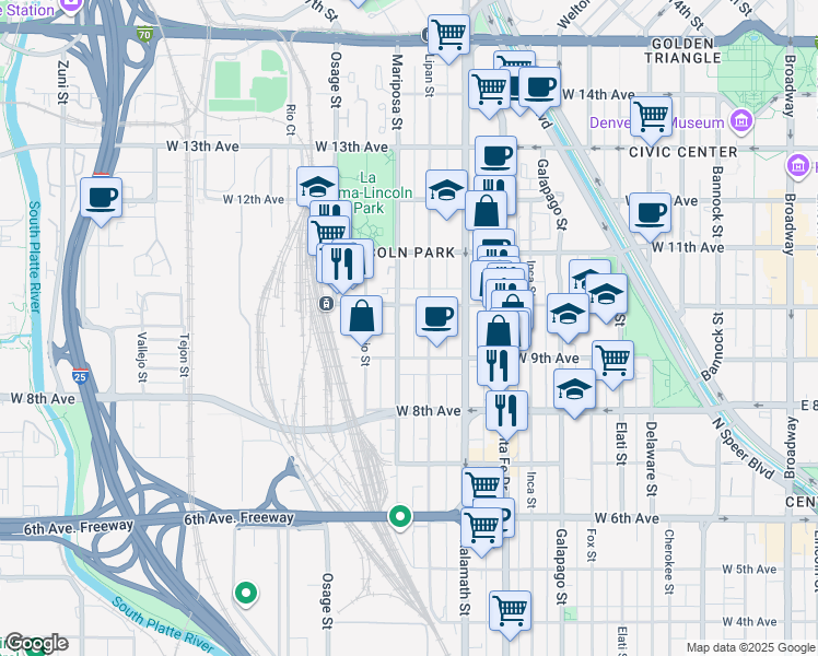 map of restaurants, bars, coffee shops, grocery stores, and more near 983 Mariposa Street in Denver