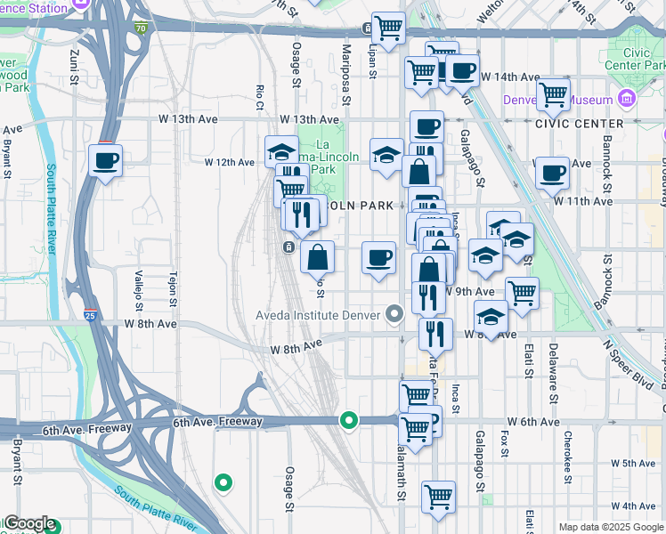 map of restaurants, bars, coffee shops, grocery stores, and more near 983 Mariposa Street in Denver