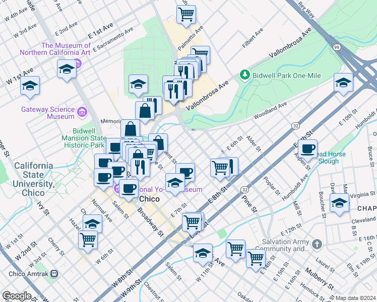 map of restaurants, bars, coffee shops, grocery stores, and more near 598 East 4th Street in Chico