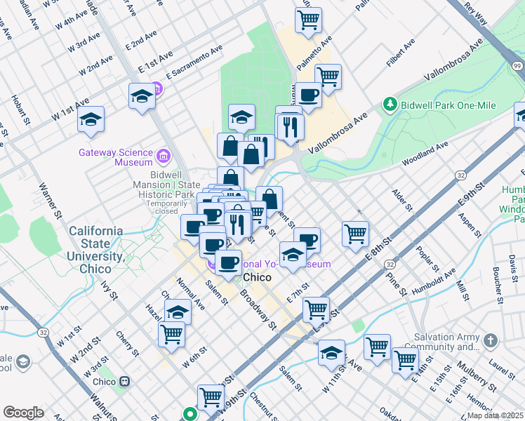 map of restaurants, bars, coffee shops, grocery stores, and more near 229 Orient Street in Chico