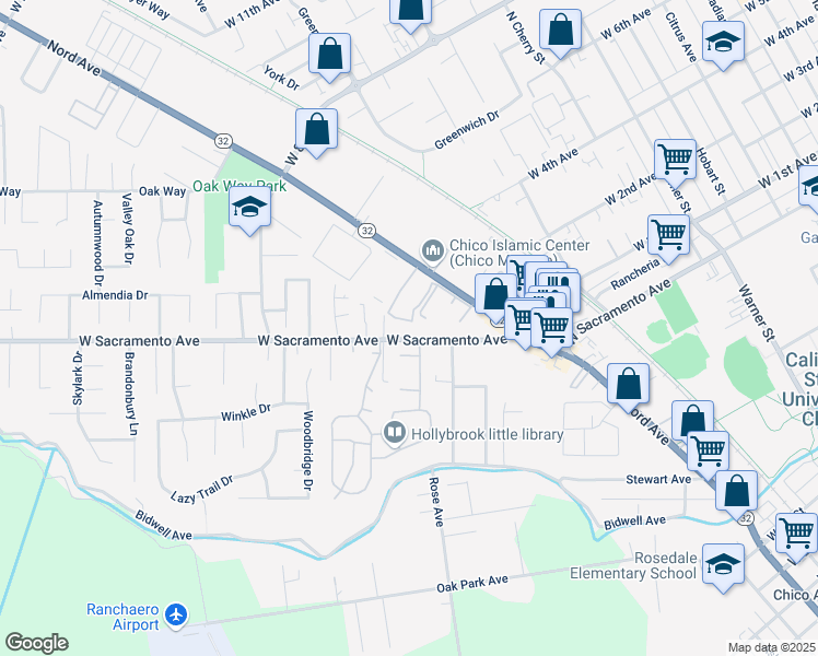 map of restaurants, bars, coffee shops, grocery stores, and more near 1212 West Sacramento Avenue in Chico