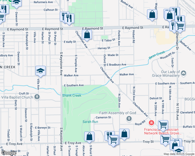 map of restaurants, bars, coffee shops, grocery stores, and more near 2830 Walker Avenue in Indianapolis