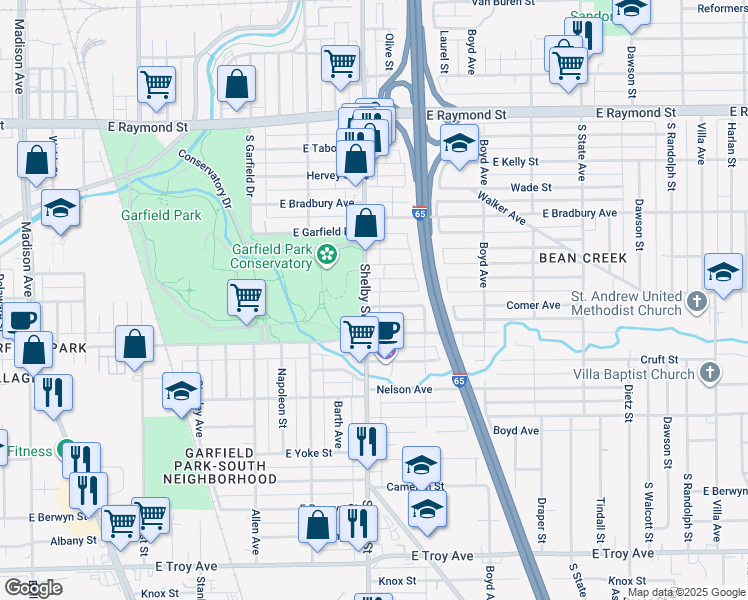 map of restaurants, bars, coffee shops, grocery stores, and more near 1119 Hoefgen Street in Indianapolis