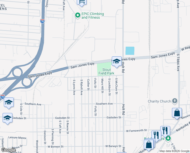 map of restaurants, bars, coffee shops, grocery stores, and more near 2337 Collier Street in Indianapolis