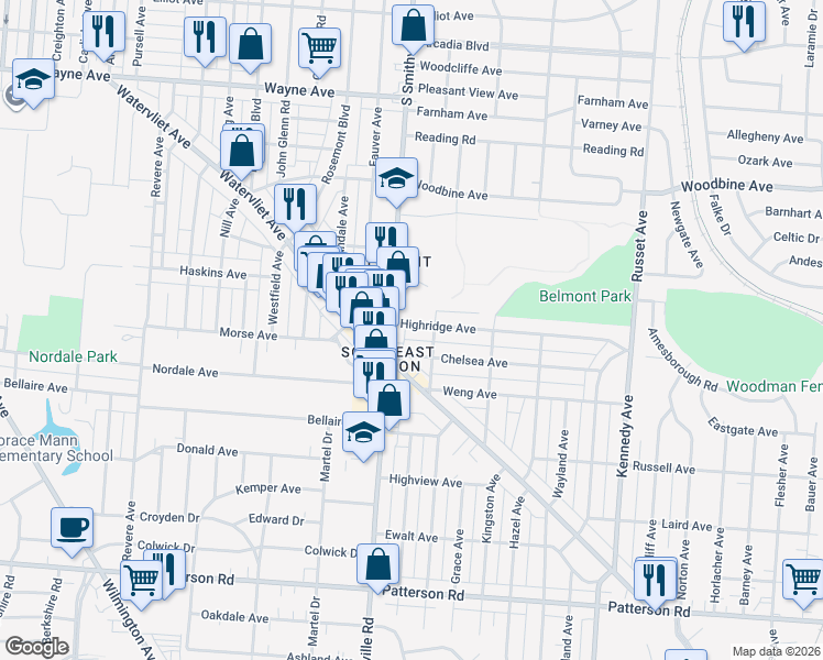 map of restaurants, bars, coffee shops, grocery stores, and more near 820 Highridge Avenue in Dayton