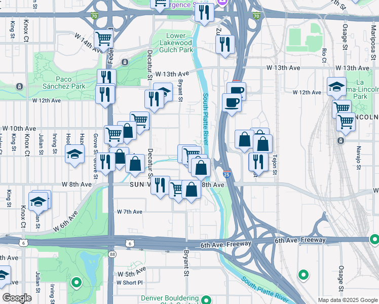 map of restaurants, bars, coffee shops, grocery stores, and more near 968 Alcott Way in Denver