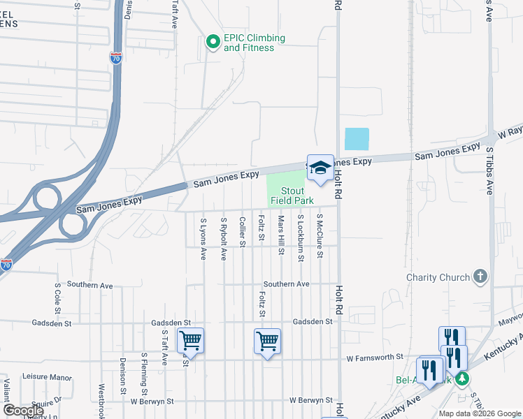 map of restaurants, bars, coffee shops, grocery stores, and more near 2337 Collier Street in Indianapolis