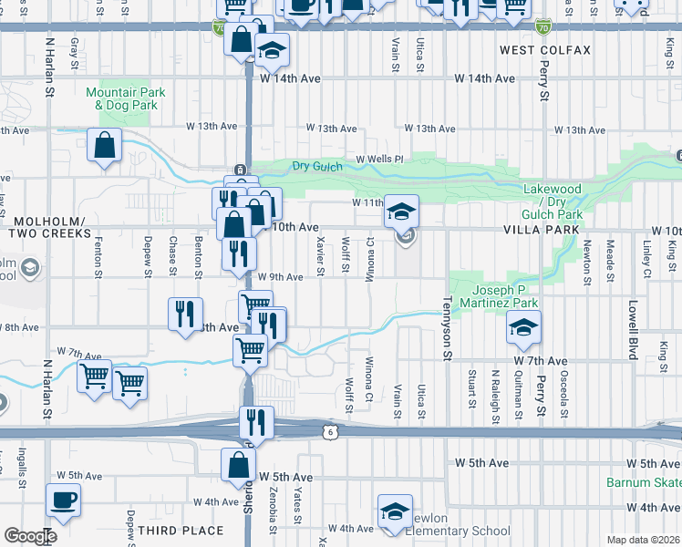 map of restaurants, bars, coffee shops, grocery stores, and more near 903 Wolff Street in Denver
