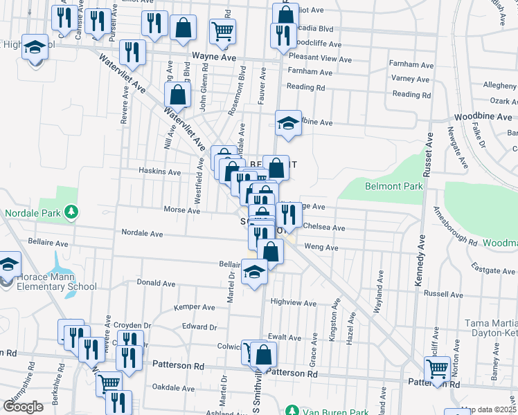 map of restaurants, bars, coffee shops, grocery stores, and more near 648 Watervliet Avenue in Dayton