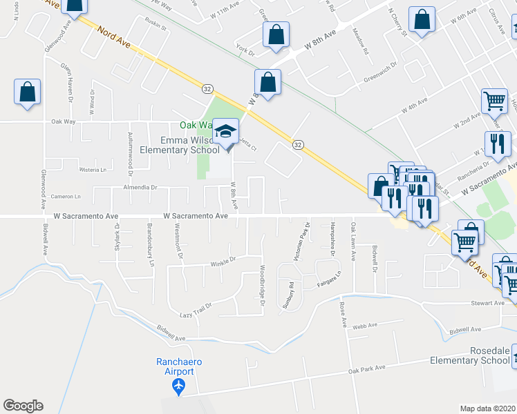 map of restaurants, bars, coffee shops, grocery stores, and more near 1009 Gateway Lane in Chico