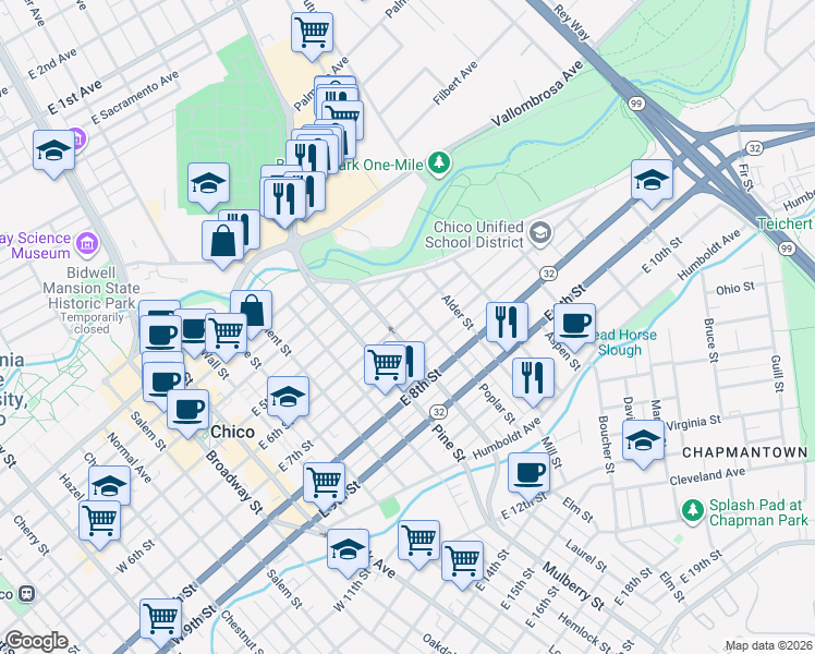 map of restaurants, bars, coffee shops, grocery stores, and more near 769 East 6th Street in Chico