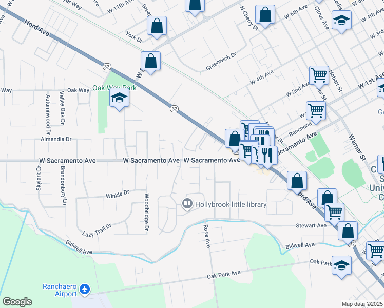 map of restaurants, bars, coffee shops, grocery stores, and more near 1212 West Sacramento Avenue in Chico