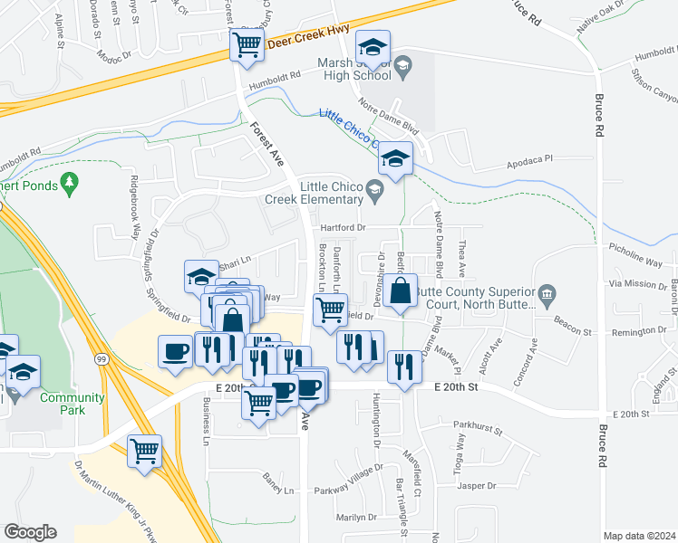 map of restaurants, bars, coffee shops, grocery stores, and more near 2050 Springfield Drive in Chico