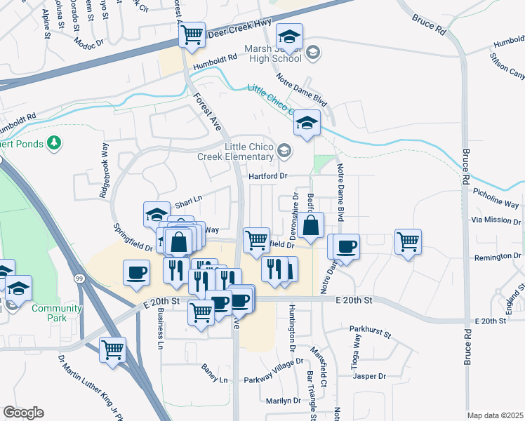 map of restaurants, bars, coffee shops, grocery stores, and more near 2050 Springfield Drive in Chico