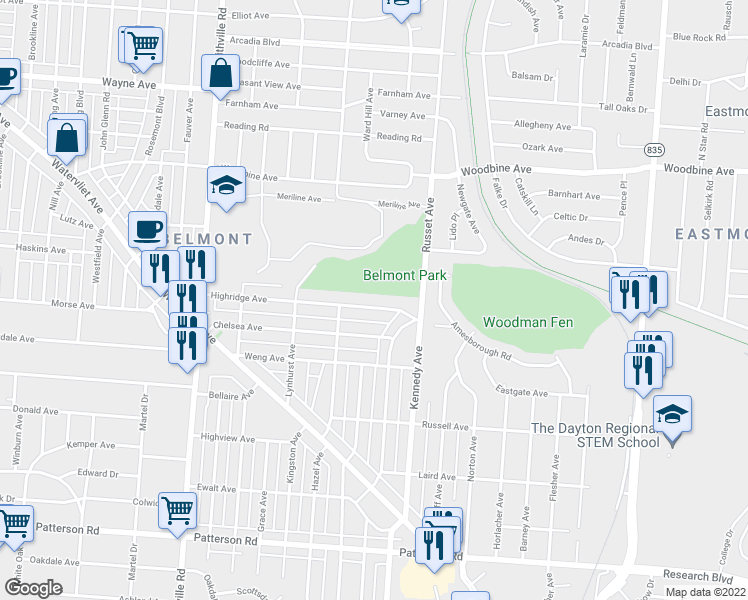 map of restaurants, bars, coffee shops, grocery stores, and more near 957 Lynhurst Avenue in Dayton