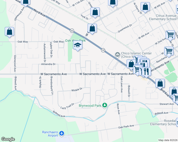 map of restaurants, bars, coffee shops, grocery stores, and more near 1009 Gateway Lane in Chico