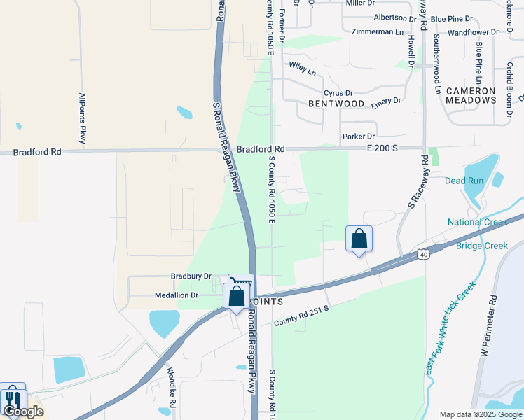 map of restaurants, bars, coffee shops, grocery stores, and more near 10480 East County Road 100 South in Indianapolis