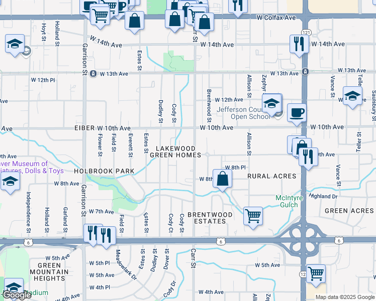 map of restaurants, bars, coffee shops, grocery stores, and more near 915 Carr Street in Lakewood