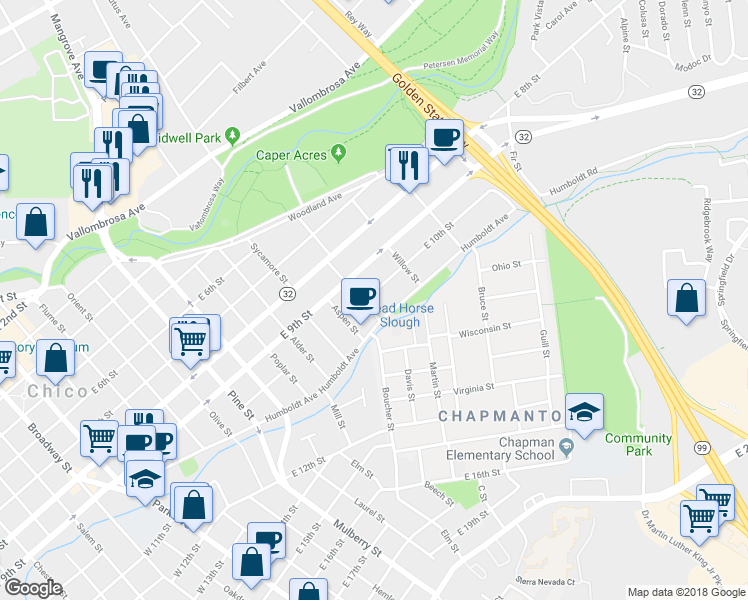 map of restaurants, bars, coffee shops, grocery stores, and more near 1151 East 10th Street in Chico