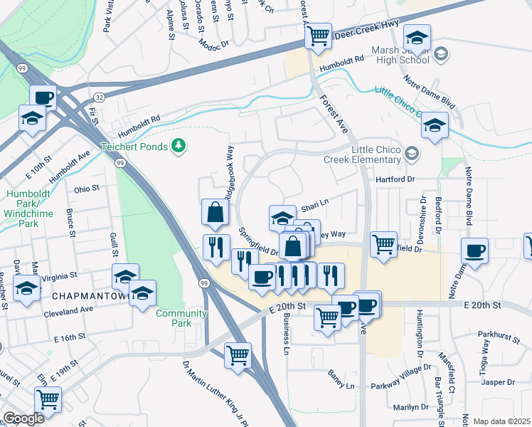 map of restaurants, bars, coffee shops, grocery stores, and more near 1550 Springfield Drive in Chico
