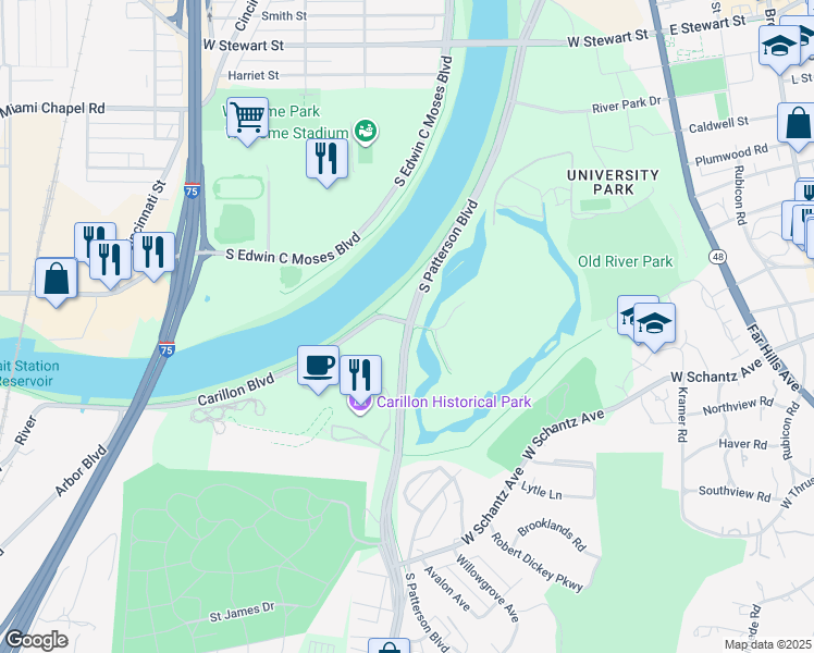 map of restaurants, bars, coffee shops, grocery stores, and more near 2001 South Patterson Boulevard in Dayton