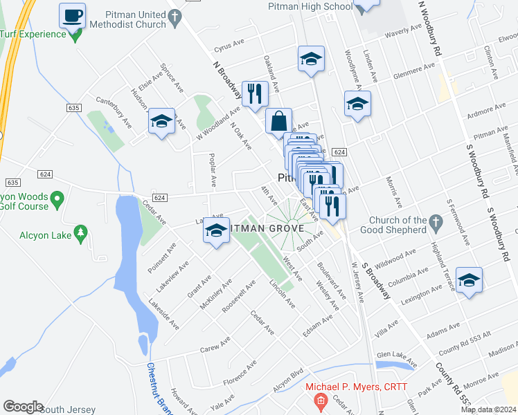 map of restaurants, bars, coffee shops, grocery stores, and more near 46 Webb Avenue in Pitman