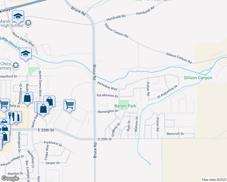 map of restaurants, bars, coffee shops, grocery stores, and more near 175 Picholine Way in Chico