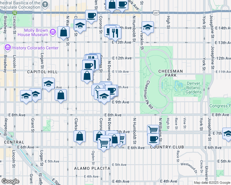 map of restaurants, bars, coffee shops, grocery stores, and more near 945 North Marion Street in Denver