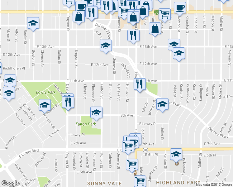 map of restaurants, bars, coffee shops, grocery stores, and more near 1052 Geneva Street in Aurora