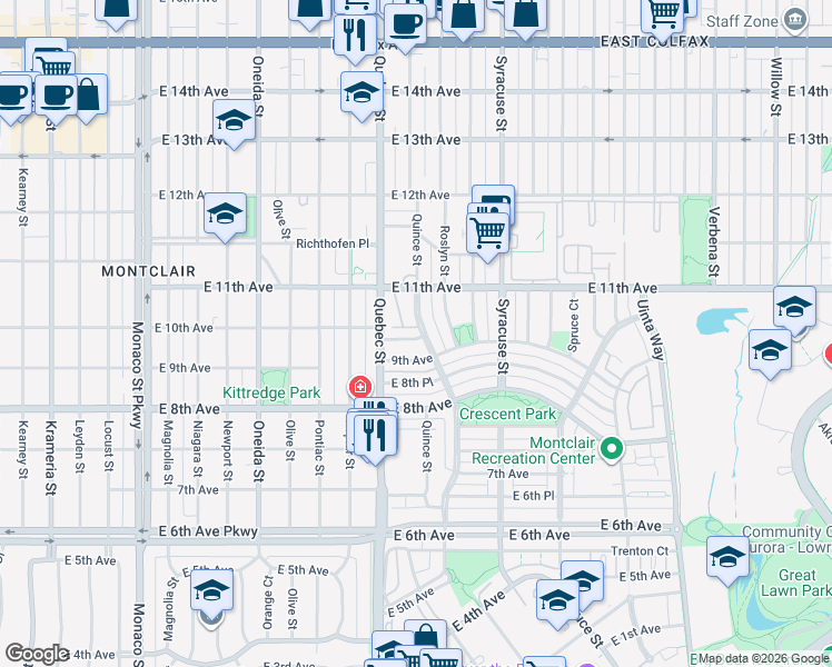 map of restaurants, bars, coffee shops, grocery stores, and more near 1090 Quebec Street in Denver