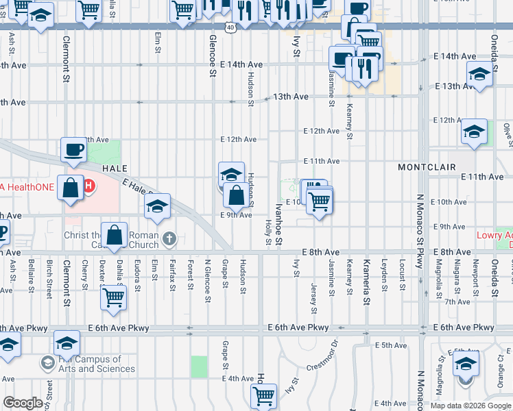 map of restaurants, bars, coffee shops, grocery stores, and more near 953 Hudson Street in Denver