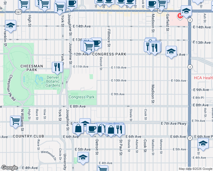 map of restaurants, bars, coffee shops, grocery stores, and more near 2830 East 10th Avenue in Denver