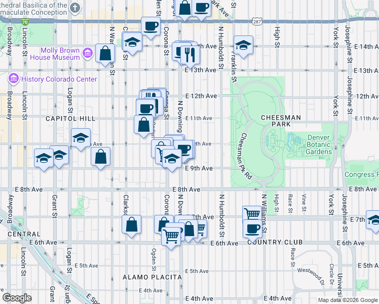 map of restaurants, bars, coffee shops, grocery stores, and more near in Denver