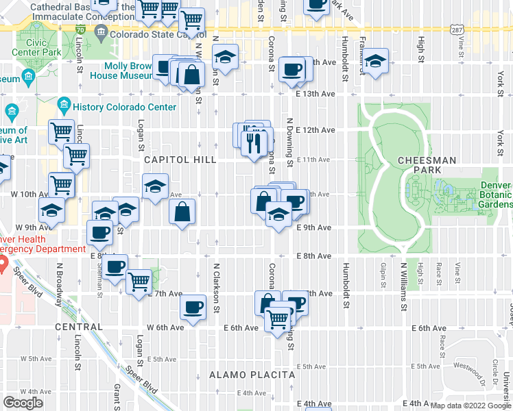 map of restaurants, bars, coffee shops, grocery stores, and more near 1050 East 10th Avenue in Denver