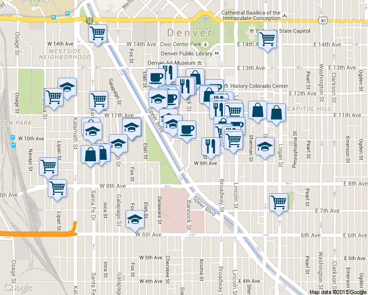 map of restaurants, bars, coffee shops, grocery stores, and more near 970 Cherokee Street in Denver