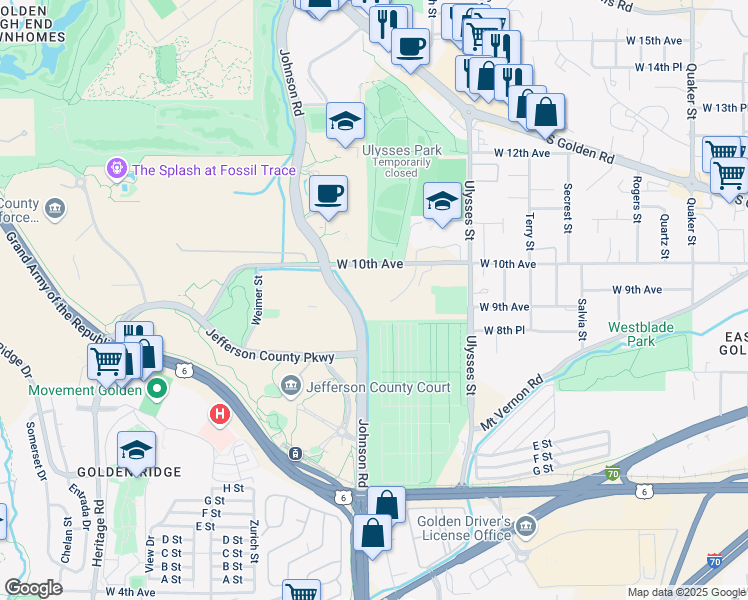 map of restaurants, bars, coffee shops, grocery stores, and more near 17414 West 10th Avenue in Golden
