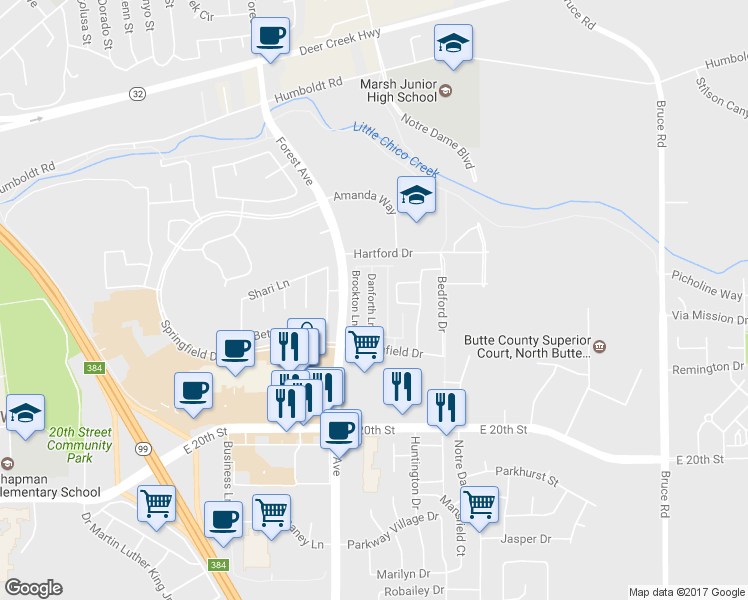 map of restaurants, bars, coffee shops, grocery stores, and more near 2050 Springfield Drive in Chico