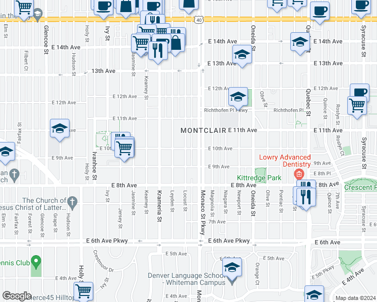 map of restaurants, bars, coffee shops, grocery stores, and more near 960 North Locust Street in Denver