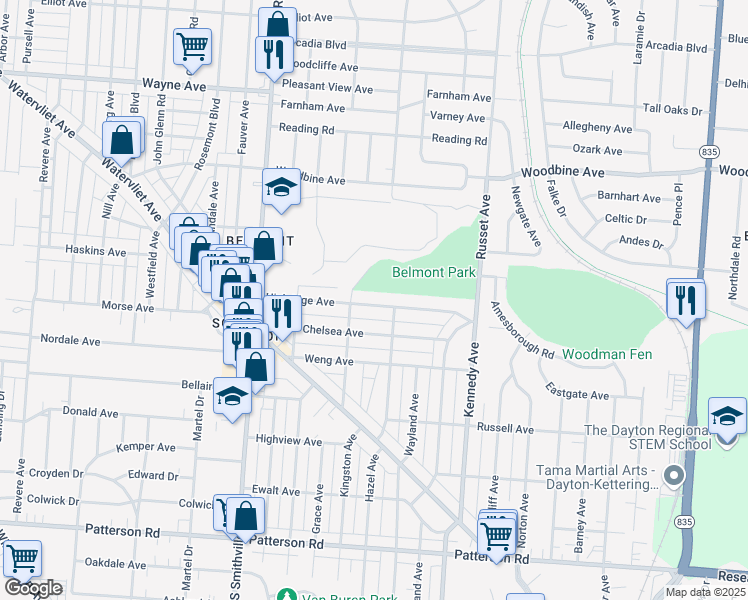 map of restaurants, bars, coffee shops, grocery stores, and more near 1025 Highridge Avenue in Dayton