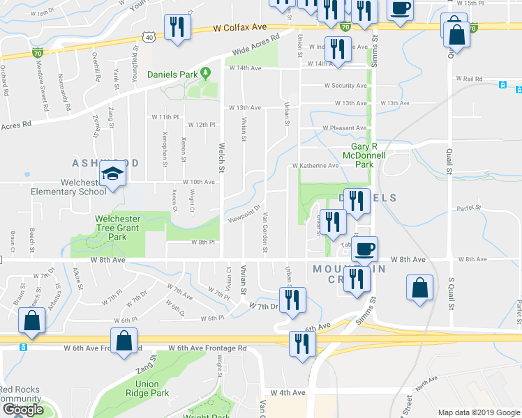 map of restaurants, bars, coffee shops, grocery stores, and more near 935 Van Gordon Street in Golden